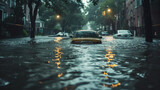 A submerged car in a flooded urban street during heavy rain, with water levels rising dangerously around vehicles and homes