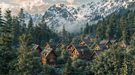 Wall Mural - A scenic view of a village nestled in a forest, with snow-capped mountains towering.jpg