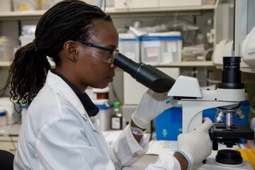 A black woman wearing glasses and lab coat is looking through the lens of an microscope at samples on a slide. She's sitting inside a laboratory with shelves filled with various vials and test tubes.