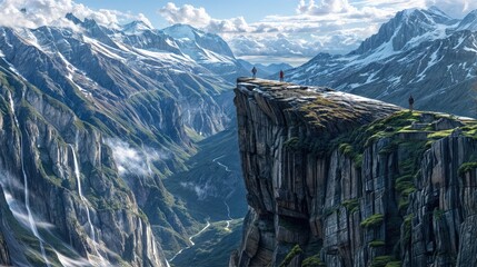 Sticker - A stunning mountain range looms over a cliffside, with two figures standing.jpg