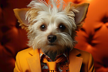 Wall Mural - A delightful furry friend donning a fashionable outfit, captured against a solid orange background, resulting in a high-quality and heartwarming portrait.