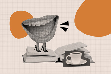 Poster - Abstract idea collage of mouth instead body legs in high heels reading aloud book and drinking coffee isolated on checkered grey background