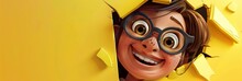 A Crazy Little Girl With Glasses Looking Through Hole In Pastel Yellow Wall Smiling Cartoon Illustration Banner