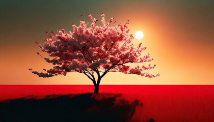  tree in the sunset wallpaper national landscape sky vector art background blood, Cherry Blossom, minimalism, Photoshop, red, sun, sunset, HD wallpaper