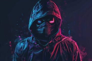 Wall Mural - Mysterious hacker in dark mask with glowing digital effects on black background, cybersecurity and computer crime concept illustration