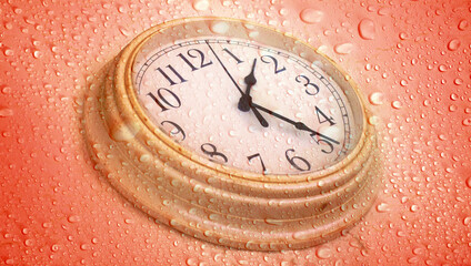 Wall Mural - close up abstract raindrops and clock face over red background