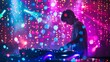 DJ playing music on a live stage with lights and smoke in the background
