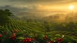 Sunset Over Lush Coffee Plantation Hills. Generative AI