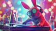 A charismatic animated rabbit DJ spinning records at a lively party with colorful lights and energetic atmosphere.