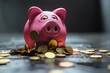 Sad Pink Piggy Bank with Gold Coins, Investment Failure Concept, 3D Rendering