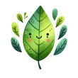 Cheerful Green Buddy Leaf is features a delightful cartoon-style leaf character with a friendly face, set on a white isolated background, perfect for an eco-friendly and nature-inspired product range.