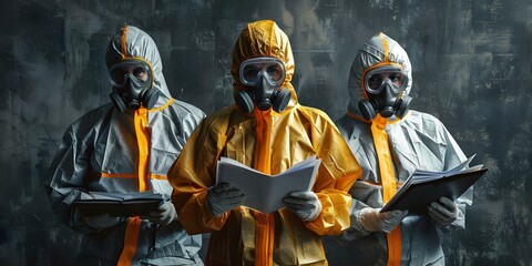 Wall Mural - Hazmat team in protective gear handling hazardous materials with safety training materials and informational brochures. Concept Hazmat Team, Protective Gear, Hazardous Materials, Safety Training