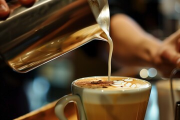 barista pouring milk into a latte, closeup