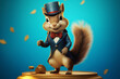 A cute squirrel in a stylish suit, holding a tiny acorn with glee on a bright blue platform.