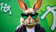 A Photorealistic Mural Of A Rabbit With Dark Sunglasses, Adding A Trendy Urban Vibe To The Green Graffiti Background.