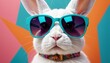 A whimsically rendered rabbit wearing colorful sunglasses, perfect for themes of fun, fashion, and quirky animal art.