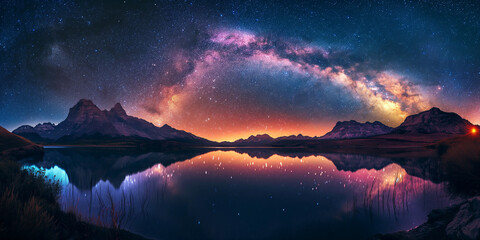 Wall Mural - panorama with milky way in night starry sky against colorful bright background of lake and snowy mou