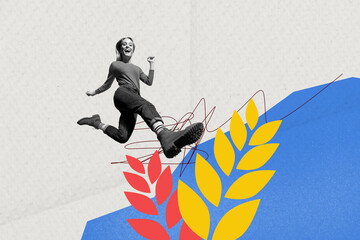 Sticker - Collage picture of overjoyed black white colors girl jump running big painted plant leaves isolated on paper background