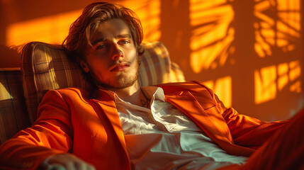 Wall Mural - Stylish young man in orange suit relaxing in a room with warm sunlight and shadow patterns.