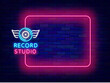 Record studio neon announcement. Online streaming. New music creation. Greeting card. Empty pink frame and disk with wings. Glowing flyer. Editable stroke. Vector stock illustration
