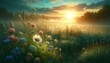 Dewy Meadow Wildflowers Sunrise Generative AI