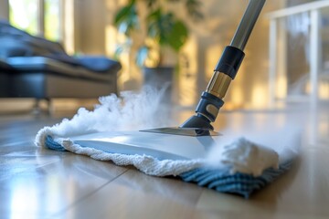 steam mop cleaning a laminated floor, focus on the dirt being removed