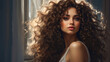 Young woman with lush curly hair. Copy space