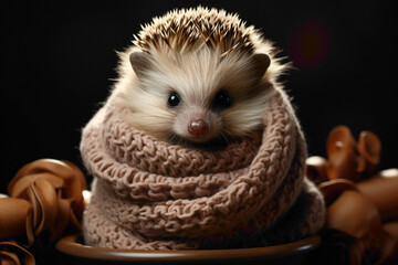 A baby hedgehog wearing a stylish scarf, rolling into a ball on a brown background.