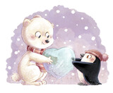 Fototapeta Las - Polar bear and penguin with ice heart