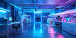 Modern laboratory interior with neon blue lights.