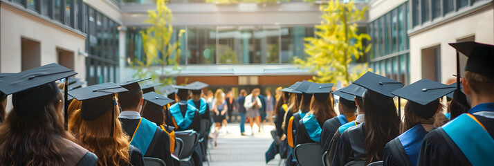 Wall Mural - back view of group of students in green graduation gown and cap standing together on asphalt facing green lawn with trees