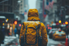 A city wanderer in a bright yellow jacket and backpack stands amid a snow flurry on a bustling New York City street, with snowflakes accentuating the urban winter atmosphere. AI Generated