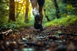 A close-up view of a runner's leg taking a stride on a forest trail, illuminated by soft sunlight filtering through trees. AI Generated.