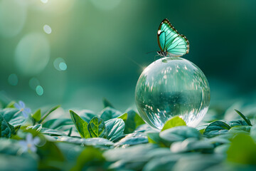 Wall Mural - An image representing the concept of green energy and sustainability, featuring a globe enclosed in glass with a butterfly, symbolizing environmental protection and renewable energy.