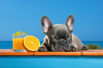 Wall Mural - A content French Bulldog puppy resting its head on a blue bench at the beach, surrounded by a calm blue background. The little dog seems to be enjoying a moment of relaxation