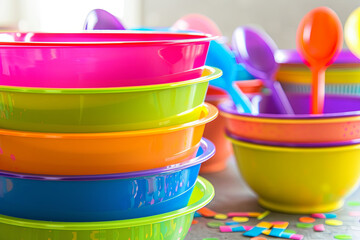 A stack of colorful plastic bowl with spoons with festive party decorations
