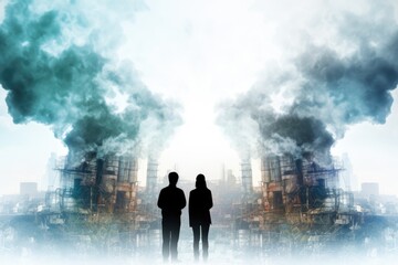 Silhouettes of two people standing before a backdrop of industrial pollution, a dramatic environmental concept.