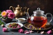 Rose petal herbal tea with dried flowers and teapot closeup.