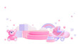Pink podium pedestal, newborn care accessories and toys stage for baby shop 3D vector cute advertising design on white