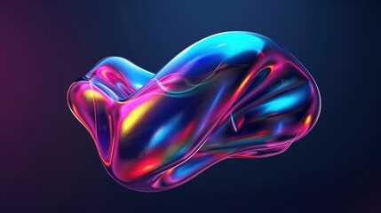 Abstract floating shape made of liquid metal. Holographic rainbow object material for graphic design.
