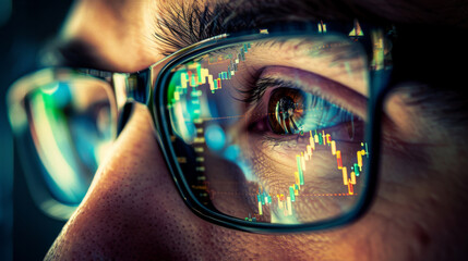 Wall Mural - A close-up of an eye reflecting vibrant digital stock market data through glasses.