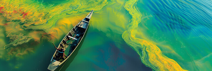 Wall Mural - A boat floats in a colorful lake