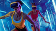 © Bordinthorn - 3D animated scene featuring a man and woman training together in an otherworldly virtual reality environment, where gravity defying exercises and movements challenge their physical fitness and stamina