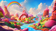 A candyland landscape with candy sweet ice cream cake mountains sugar river and a pastel rainbow bridge in fluffy clouds. Wonderland kid child fantasy concept