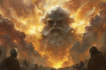 Enraged angry God appeared to the population from heaven from sky clouds with a menacing look, punish to judge humanity, to be responsible for their actions