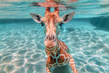 Fototapeta Tęcza - giraffe swimming or diving in a pool under water