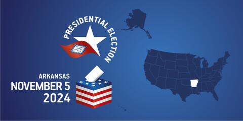 USA Presidential election November 5, 2024. Voting Day 2024 in Arkansas. USA elections 2024. Arkansas flag USA stars with USA flag, map, ballot box and ballot on blue background