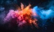 A dynamic explosion of blue and red colored powder against a stark black background, creating a vivid and artistic display.