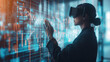An image showcasing an analyst using virtual reality equipment to navigate and analyze 3D market trend models, the futuristic approach to data analysis highlighted by the soft, nat