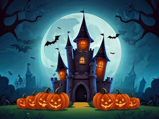 Wall Mural - Halloween background with haunted castle and pumpkins - illustration for children. AI generated